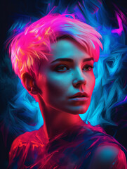 A woman with pink pixie hair and blue eyes Generative Ai