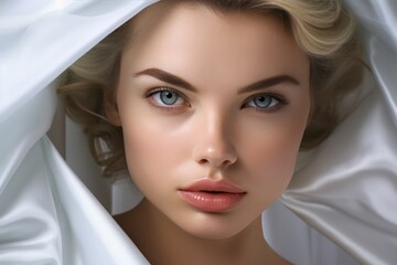 Young beautiful woman face. Illustration AI Generative.