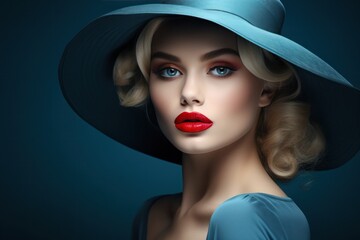 Woman in blue hat. Illustration AI Generative.