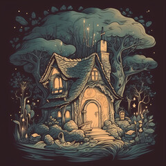 A peaceful cabin nestled in a serene forest flat design vector style illustration Generative Ai