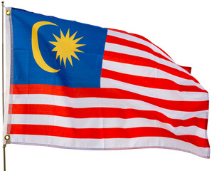 Large flag of Malaysia fixed on metal stick. Isolated over white background