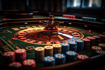 Online casino, online poker. Dice, chips, tokens, roulette, online gambling, azart games. Bets, winnings, entertainment, recreation. Betting money on games. Generative AI