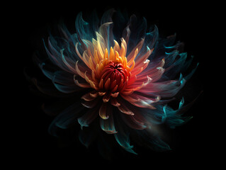 A vibrant flower against a contrasting black background Generative Ai