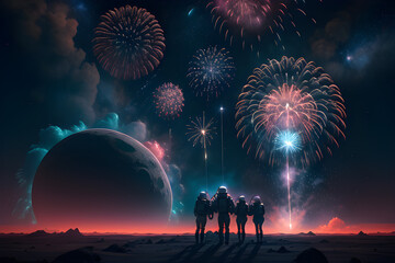 Fototapeta na wymiar astronaut family on the moon looking at sky multiple colorful exploding fireworks in space, galaxy, large planets, lifestyles concept, generative ai