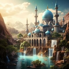 Naklejka premium Muslim mosque and waterfall, Illustration AI Generative.