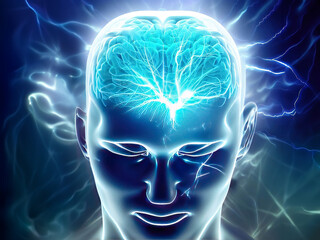 Explore an awe-inspiring digital illustration of the human brain, showcasing captivating electrical activity with flashes and lightning on a captivating blue background. This SEO-optimized stock photo