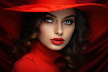 Woman in red hat. Illustration AI Generative.