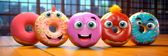 Banner with Assorted donuts. Generative AI. Back to school. Cute kids doughnuts with pop-eyed. National Donut Day. Header for website, advert, menu, preschool, culinary And pastry school. pupils donut