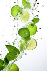 Fototapeta na wymiar A group of limes are being dropped into the water. Generative AI. Green mint leaves and refreshing citrus taste.