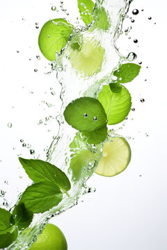 A group of limes are being dropped into the water. Generative AI. Green mint leaves and refreshing citrus taste.