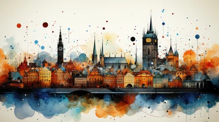 Deurstickers Aquarelschilderij wolkenkrabber  A watercolor painting of a city with a clock tower. Generative AI.