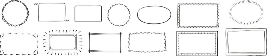 Outlines,vintage photo border. Mirror frames in doodle style. Blank black square rectangle label elegant sketch.