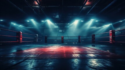 Background of boxing ring, illuminated sports area for fighting, dangerous sport AI, Generative AI, Gene - obrazy, fototapety, plakaty