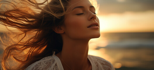 portrait of a woman standing breathing deep on the beach at sunset. 
  Image generative AI.
