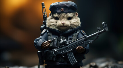 Cute hamster in military uniform with a rifle, created with Generative AI