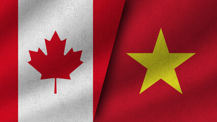 Vietnam and Canada Realistic Two Flags Together, 3D Illustration