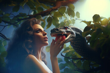 Eve Talking to Snake in the Garden of Eden at the Tree of the Knowledge of Good and Evil - obrazy, fototapety, plakaty