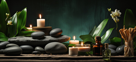 zen stones and bamboo on black background.  Image generative AI