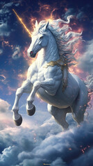A white horse with a golden mane is flying through the sky. Generative AI.