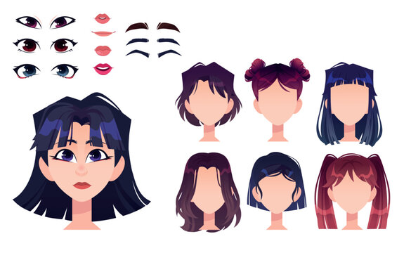Girl for animation set. Asian woman face part, different hairstyles, eyebrows, eyes and emotions. Female character constructor for avtar creation. Cartoon flat vector isolated on white background