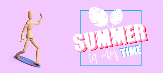 Wooden human figurine with surfboard on lilac background. Summer time