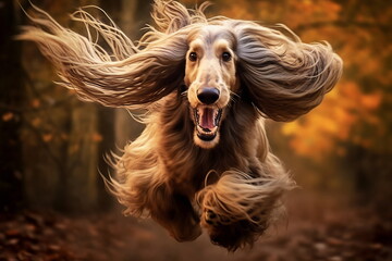 Active healthy Afghan Hound dog running with open mouth sticking out tongue in the forest on autumn