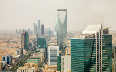 Aerial panorama of downtown of Riyadh city with skyscrapers of Al Olaya central business district, Al Riyadh, Saudi Arabia - obrazy, fototapety, plakaty
