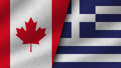 Greece and Canada Realistic Two Flags Together, 3D Illustration