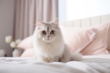 Close up of domestic cat lying on the bed in the bedroom. Cat relax on the bed at home. Soft pastel colors image