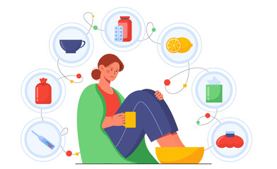 Woman with home treatment icons concept