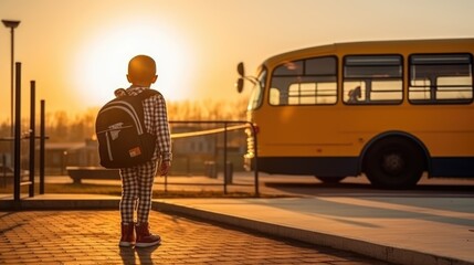 boy on his way to school, back to school, in a golden sunrise on a pedestrian path, with autumn trees on the side