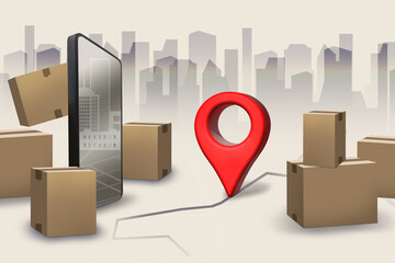 Boxes for the delivery of parcels on the background of the city indicating the location. Delivery for online stores. Online order by phone. Shopping online. Online shopping service.