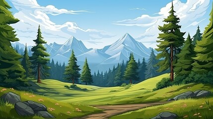 Cartoon nature landscape with mountain in forest deciduous trees trunks clearance AI, Generative AI, Gene