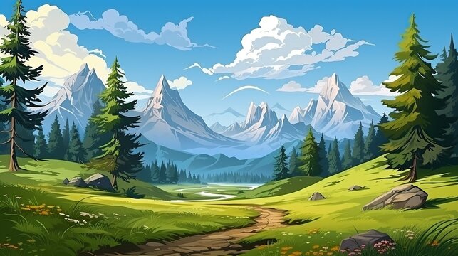 Cartoon nature landscape with mountain in forest deciduous trees trunks clearance AI, Generative AI, Gene