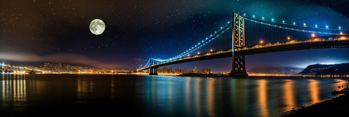  view on New Your city at night panoramic cityscape , blurred neon light reflection,sea water , starry sky and moon ,template ,banner,