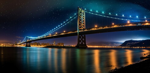 Fototapeta premium view on New Your city at night panoramic cityscape , blurred neon light reflection,sea water , starry sky and moon ,template ,banner,