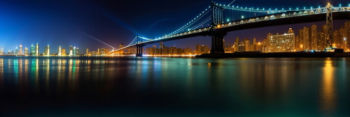  view on New Your city at night panoramic cityscape , blurred neon light reflection,sea water , starry sky and moon ,template ,banner,