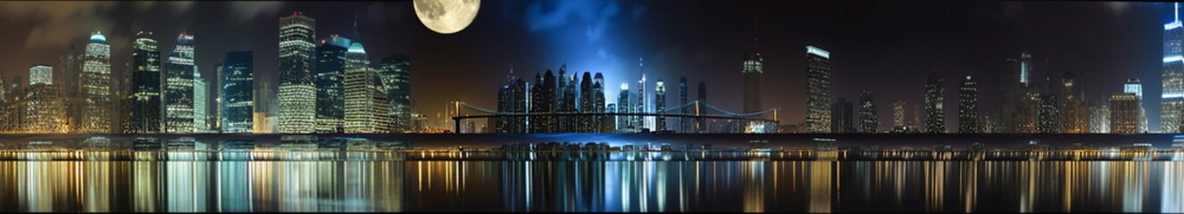  view on New Your city at night panoramic cityscape , blurred neon light reflection,sea water , starry sky and moon ,template ,banner,