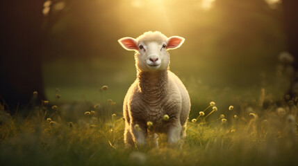 A sheep stands gracefully, immersed in the embrace of abundant grass.