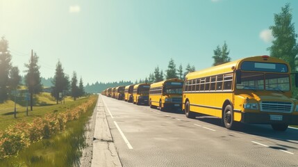 Obraz premium multiple school buses on their way to the city to pick up all the students at their homes, first day of school back to school