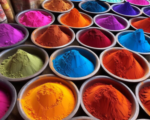 Indian paints in the market for Holi festival. Generative AI.