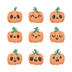 set of group jack o lantern pumpkin watercolor Happy Halloween holiday. Orange pumpkin with smile for your design for trick or Treating symbol of the isolated on white background Vector illustration