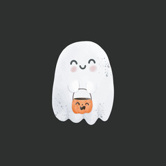Little cute ghosts holding pumpkin Happy Halloween watercolor Halloween scary ghostly monsters. Cartoon spooky character trick or Treating isolated on background Vector illustration