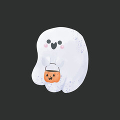 Little cute ghosts holding pumpkin Happy Halloween watercolor Halloween scary ghostly monsters. Cartoon spooky character trick or Treating isolated on background Vector illustration