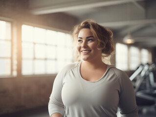 Smiling plus size young woman in gym.