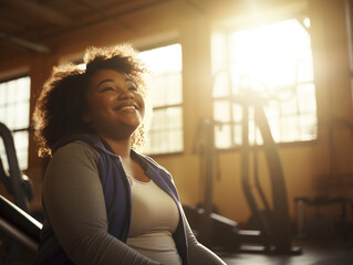 Smiling plus size black young woman in gym.
