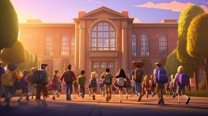 the students running for the sound of the bell that starts classes so as not to be late, back to school day