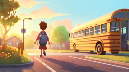 boy on his way to school, back to school, in a golden sunrise on a pedestrian path, with autumn trees on the side