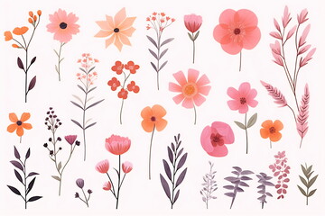 Arrangement of spring pink flowers against a white background. Blooming concept. Flat lay