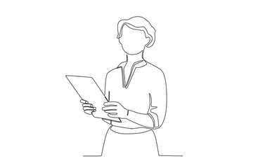 A woman looks at work documents. Businesswoman one-line drawing